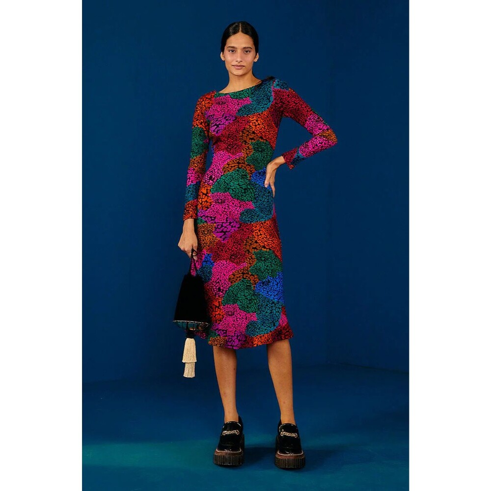 Farm Rio Dress Rainbow Mix Jersey Dress Midi, Small, New! Retail $180